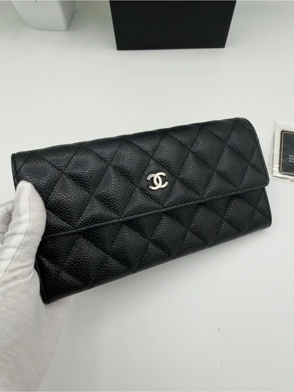 CHANEL Black Quilted Classic Flap Wallet Caviar skin with silver CC Logo😍